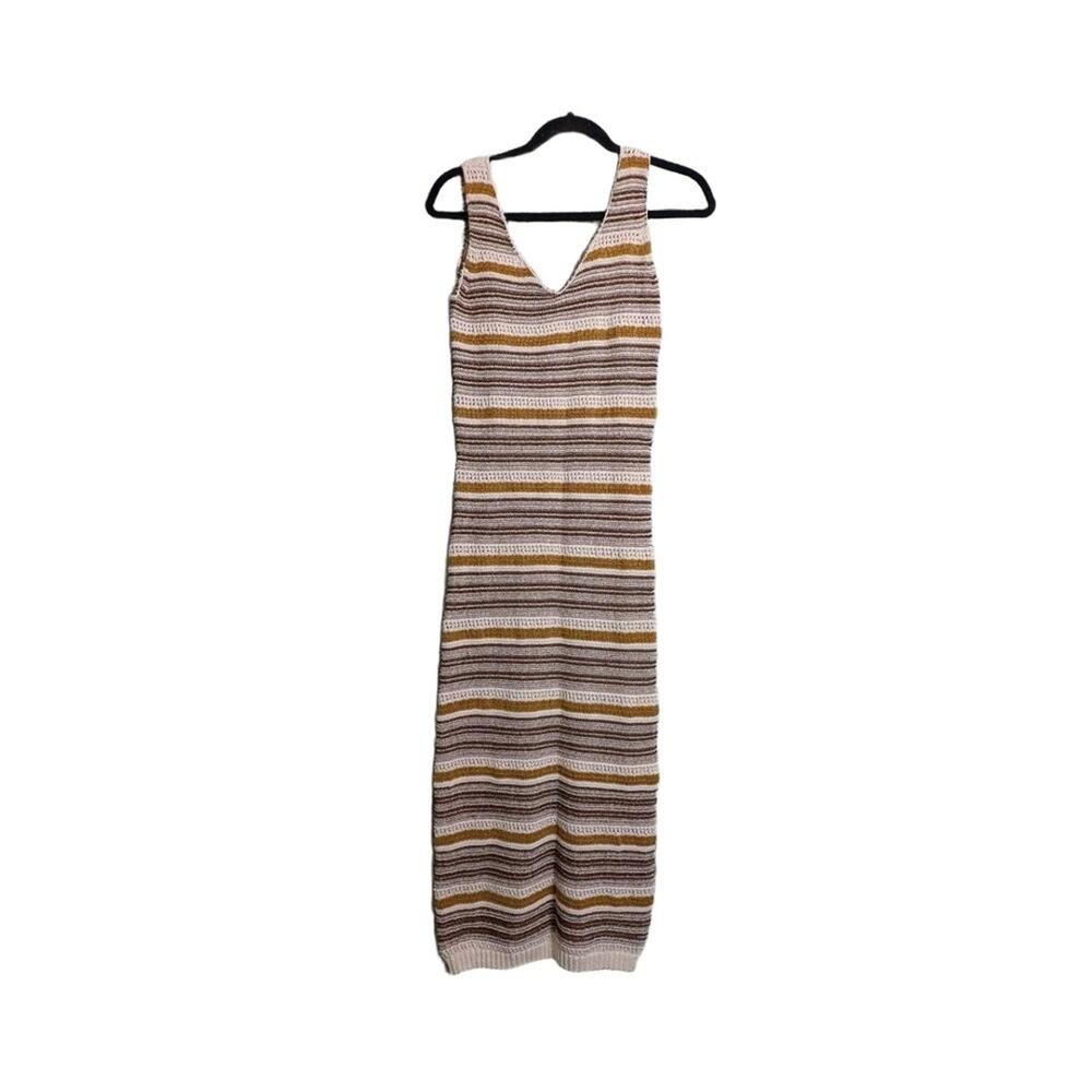 House of Harlow Striped Brown Beige Knit Sleeveless V-Neck Bodycon Midi Dress S